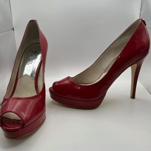 Michael Kors Women's Sz 8M Red Platform Heels Open Toe Leather Upper Shoes